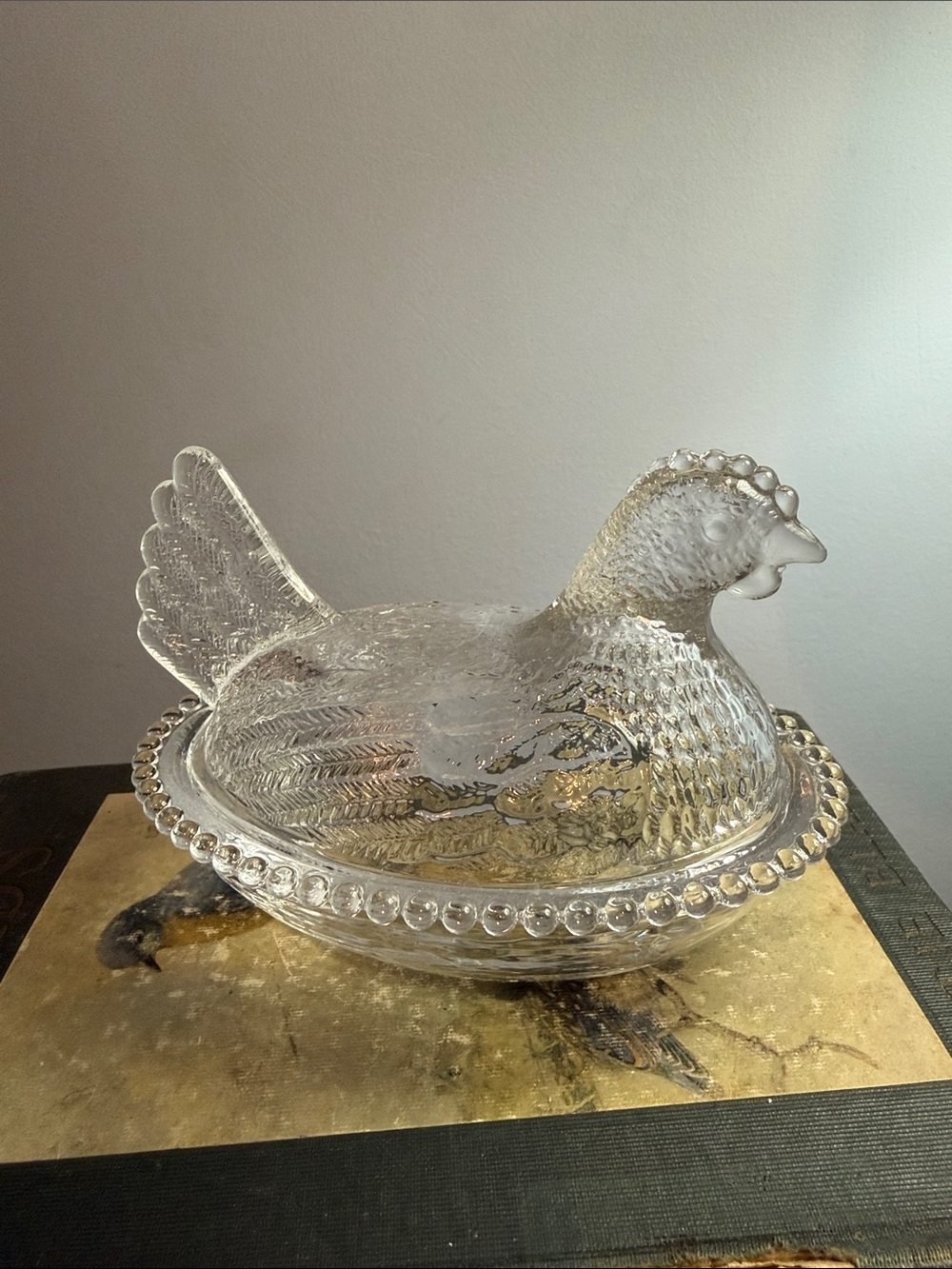 Clear Glass Hen Nest Covered Dish - Decorative Home Art Imported, not Vintage